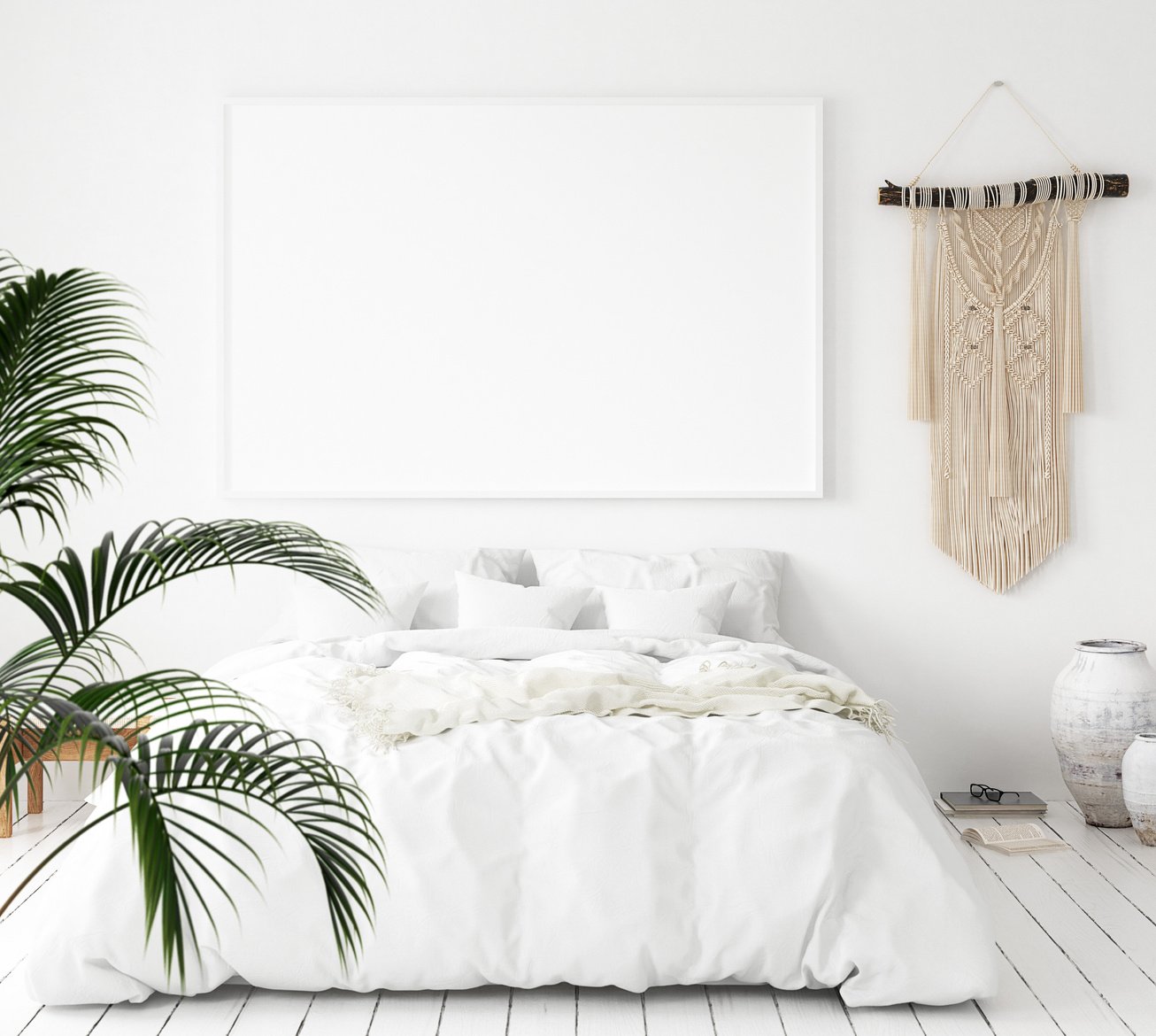 Mock-up poster frame in bedroom, Scandinavian style